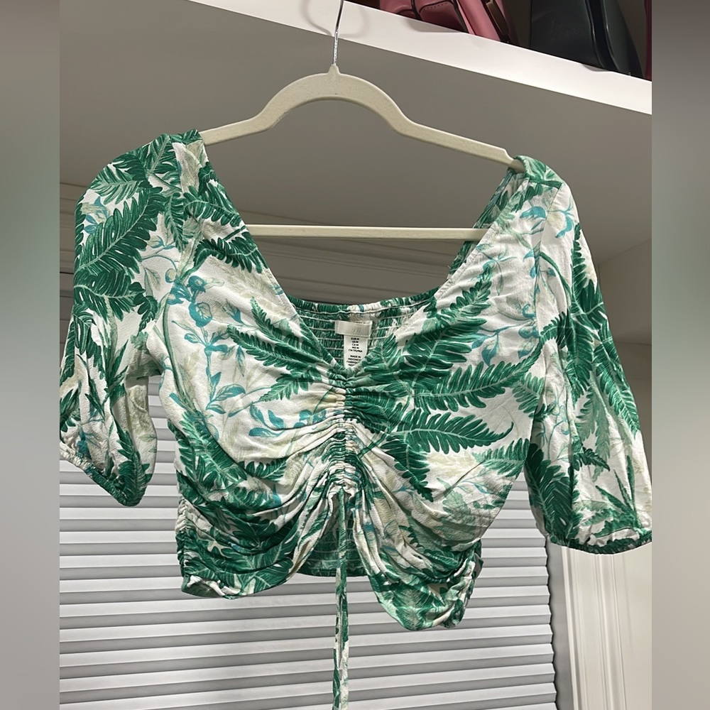 V-neck Drawstring Blouse❤️ White/leaf-patterned - Picture 5 of 8
